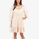 Beige Large Lace Detail Long Sleeve Ruffle Hem Dress