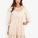 Beige Large Lace Detail Long Sleeve Ruffle Hem Dress