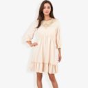 Beige Large Lace Detail Long Sleeve Ruffle Hem Dress