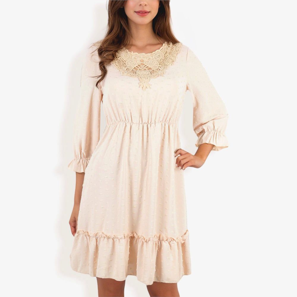 Lace Detail Long Sleeve Ruffle Hem Dress