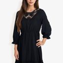 Black Large Lace Detail Long Sleeve Ruffle Hem Dress