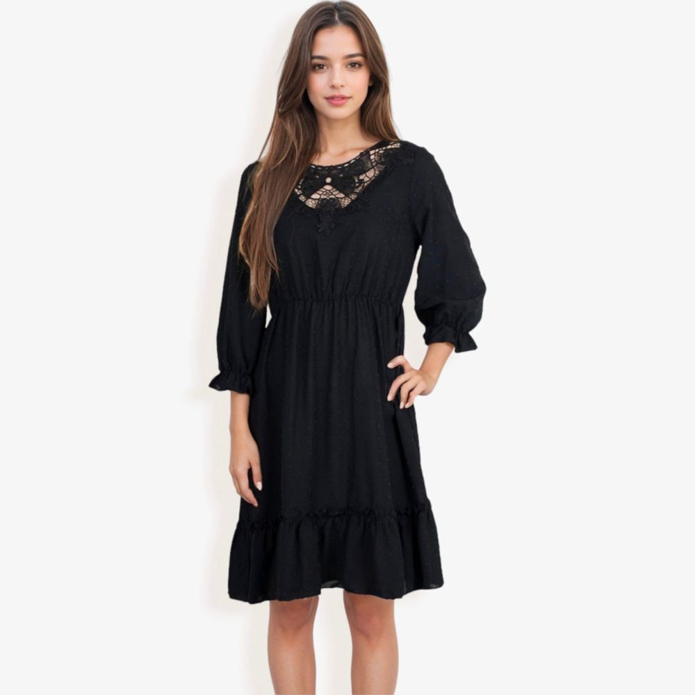 Lace Detail Long Sleeve Ruffle Hem Dress