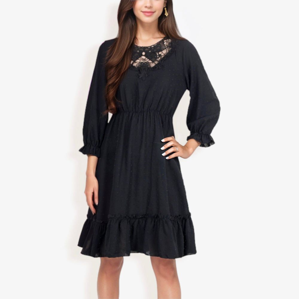 Lace Detail Long Sleeve Ruffle Hem Dress