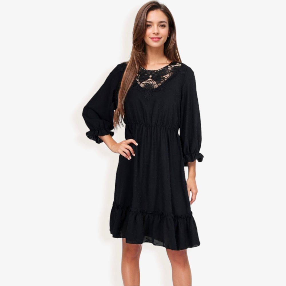 Lace Detail Long Sleeve Ruffle Hem Dress