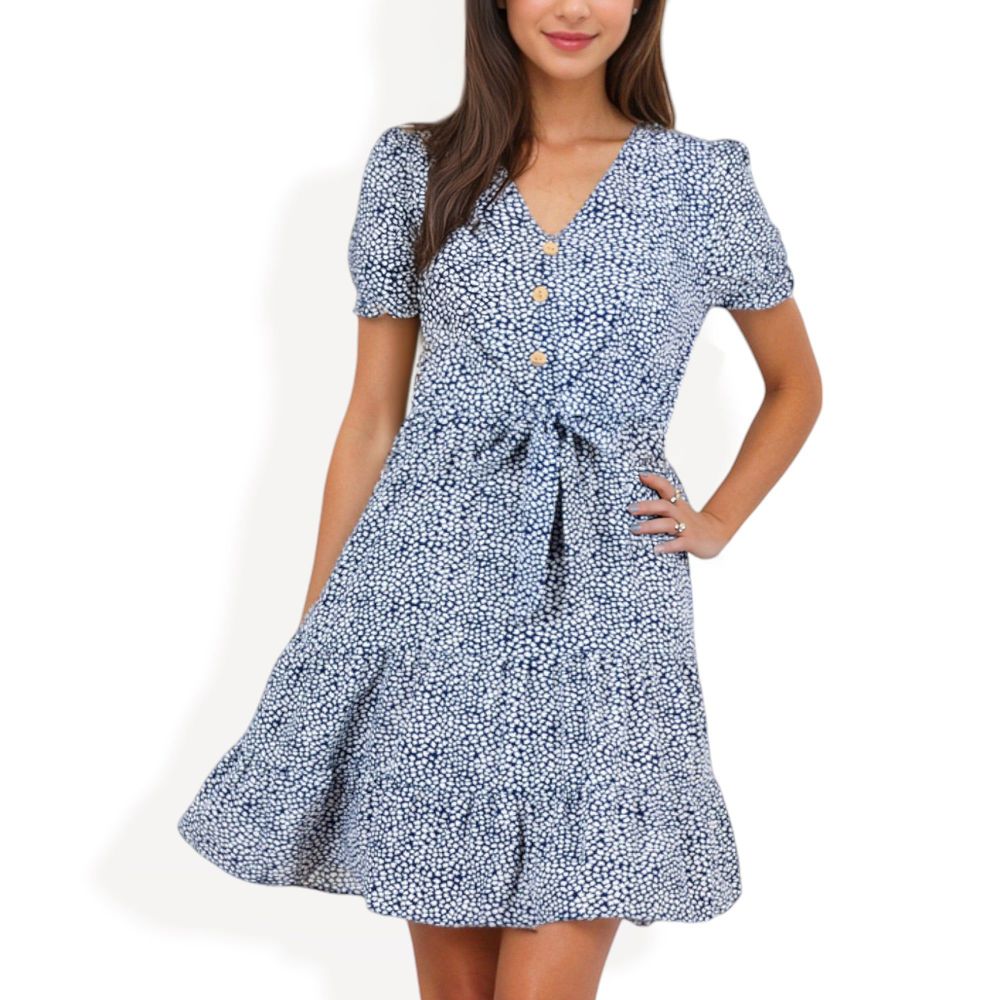 Short Sleeve V-Neck Button Front Dress with Tie Waist and Tiered Skirt