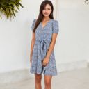 Blue Large Short Sleeve V-Neck Button Front Dress with Tie Waist and Tiered Skirt