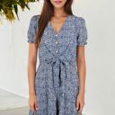 Blue Large Short Sleeve V-Neck Button Front Dress with Tie Waist and Tiered Skirt