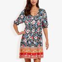  Floral Print Short Sleeve Bohemian Tunic Dress With V-Neckline