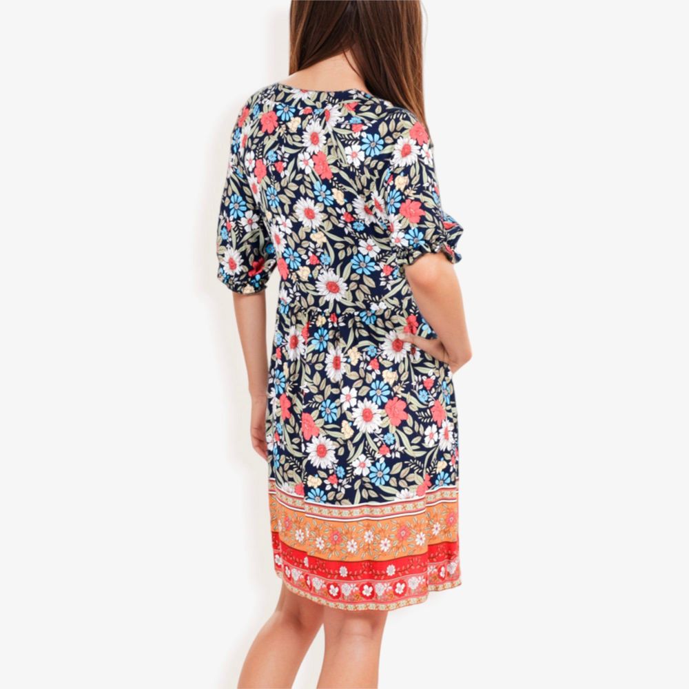 Floral Print Short Sleeve Bohemian Tunic Dress With V-Neckline