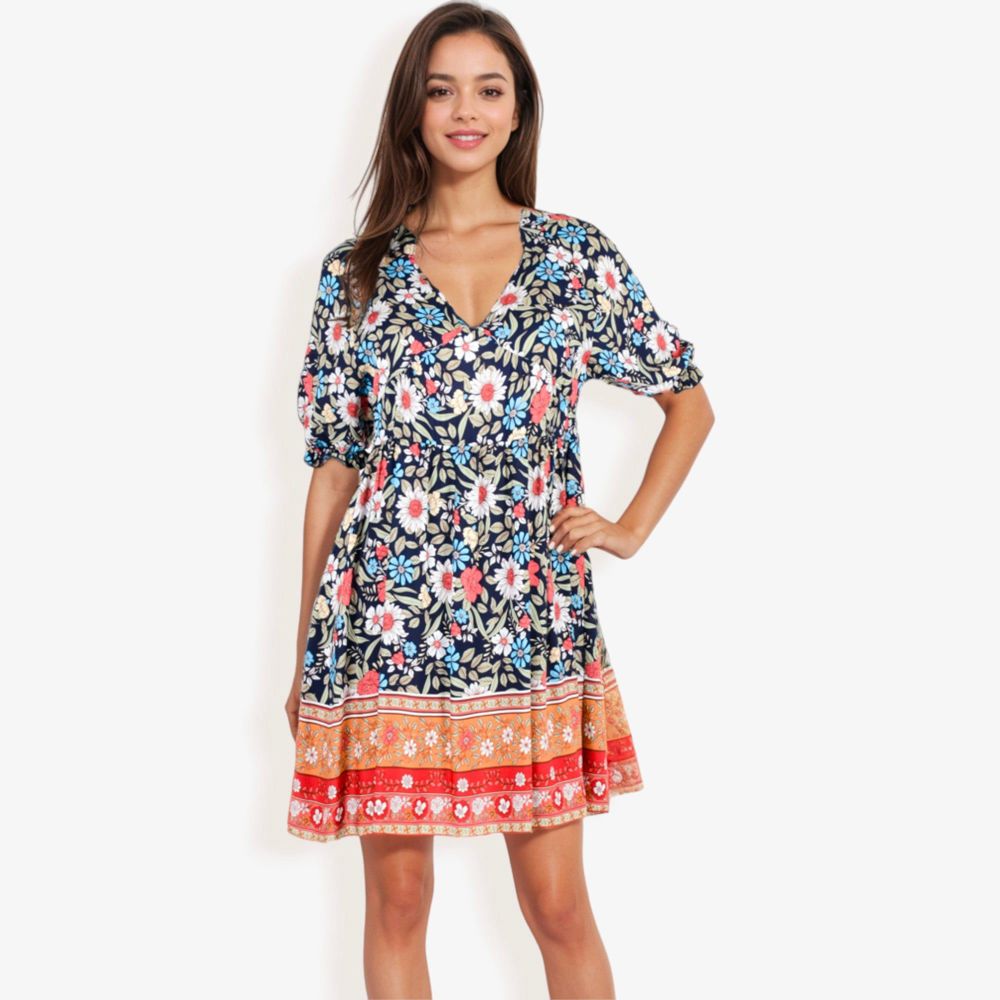 Floral Print Short Sleeve Bohemian Tunic Dress With V-Neckline