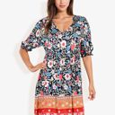  Floral Print Short Sleeve Bohemian Tunic Dress With V-Neckline