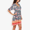  Floral Print Short Sleeve Bohemian Tunic Dress With V-Neckline