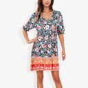  Floral Print Short Sleeve Bohemian Tunic Dress With V-Neckline