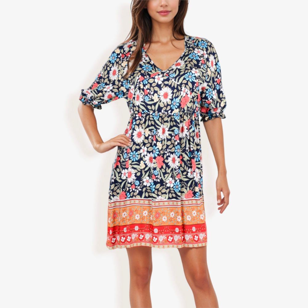 Floral Print Short Sleeve Bohemian Tunic Dress With V-Neckline