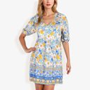 Blue Large Floral Print Short Sleeve Bohemian Tunic Dress With V-Neckline