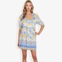 Blue Large Floral Print Short Sleeve Bohemian Tunic Dress With V-Neckline