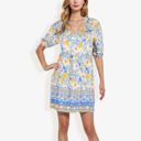 Blue Large Floral Print Short Sleeve Bohemian Tunic Dress With V-Neckline