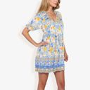 Blue Large Floral Print Short Sleeve Bohemian Tunic Dress With V-Neckline