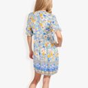 Blue Large Floral Print Short Sleeve Bohemian Tunic Dress With V-Neckline