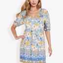 Blue Large Floral Print Short Sleeve Bohemian Tunic Dress With V-Neckline