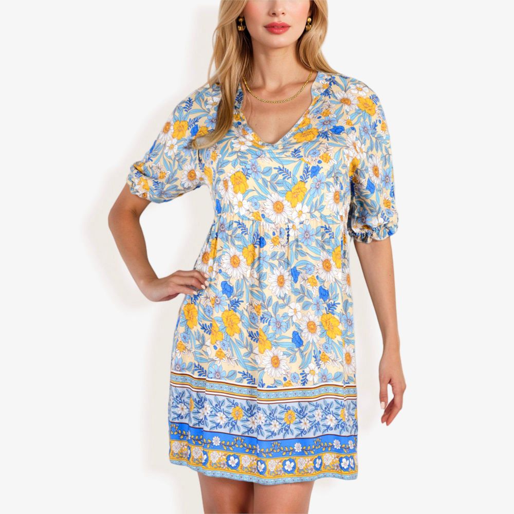 Floral Print Short Sleeve Bohemian Tunic Dress With V-Neckline