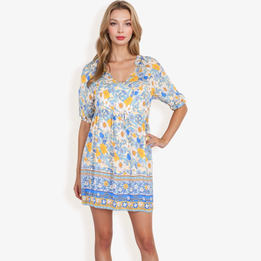 Floral Print Short Sleeve Bohemian Tunic Dress With V-Neckline