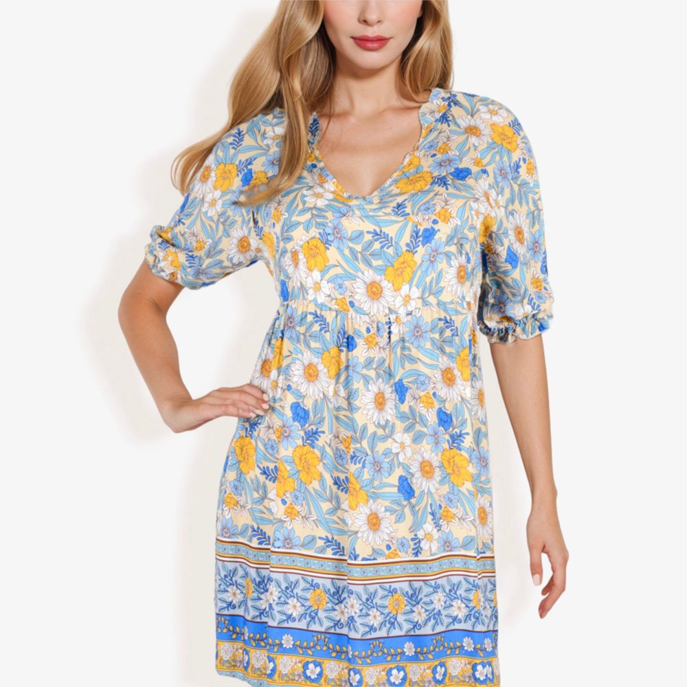 Floral Print Short Sleeve Bohemian Tunic Dress With V-Neckline