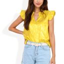 Yellow Large Floral Jacquard Blouse with Ruffle Sleeves and V-Neckline