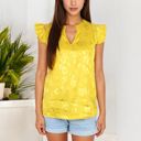 Yellow Large Floral Jacquard Blouse with Ruffle Sleeves and V-Neckline