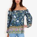 Blue Large Off Shoulder Floral Print Long Sleeve Bohemian Blouse