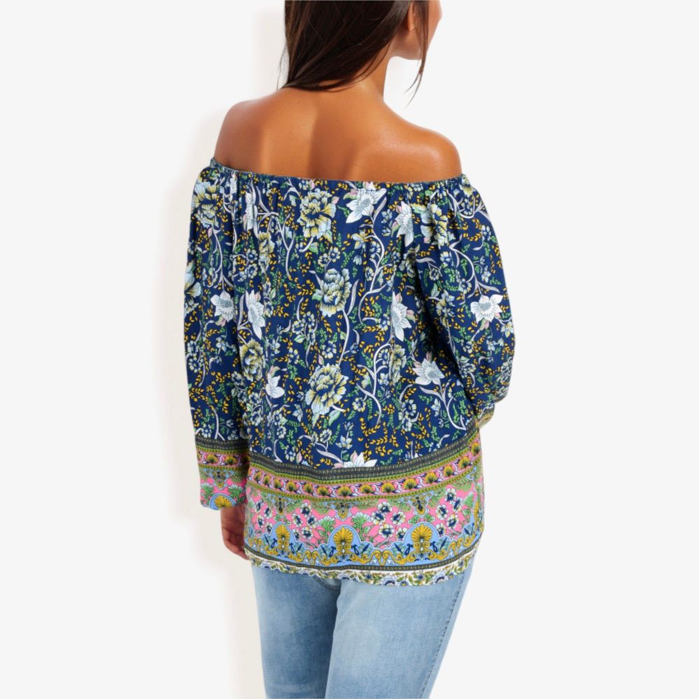 Off Shoulder Floral Print Long Sleeve Bohemian Blouse