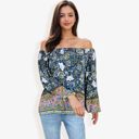 Blue Large Off Shoulder Floral Print Long Sleeve Bohemian Blouse