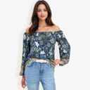 Blue Large Off Shoulder Floral Print Long Sleeve Bohemian Blouse