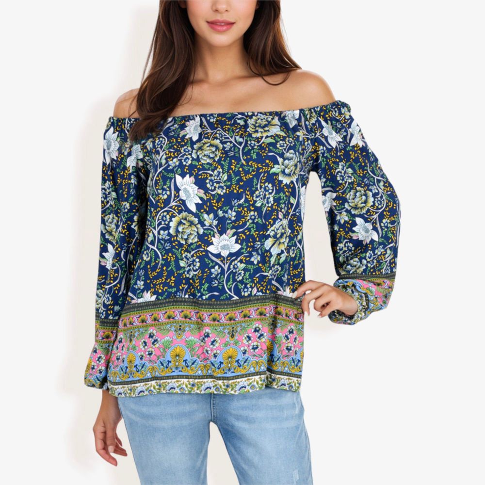 Off Shoulder Floral Print Long Sleeve Bohemian Blouse