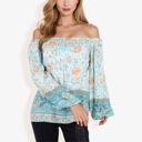 Green Large Off Shoulder Floral Print Long Sleeve Bohemian Blouse