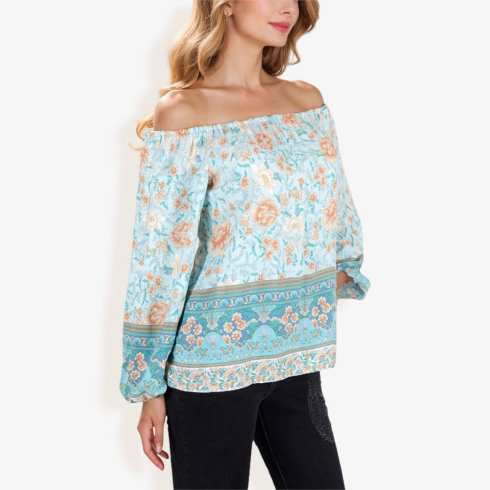 Off Shoulder Floral Print Long Sleeve Bohemian Blouse