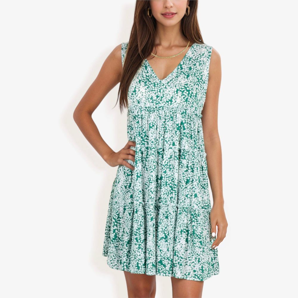 Sleeveless V-Neck Floral Print Dress Tiered Flowy Sundress