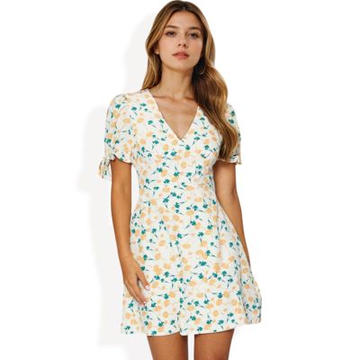 Short Sleeve Floral Wrap Dress with Puff Sleeve Tie Detail