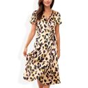  V-Neck Short Sleeve Wrap Dress with Leopard Print and Waist Tie