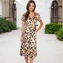  V-Neck Short Sleeve Wrap Dress with Leopard Print and Waist Tie