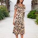  V-Neck Short Sleeve Wrap Dress with Leopard Print and Waist Tie