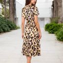  V-Neck Short Sleeve Wrap Dress with Leopard Print and Waist Tie