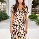  V-Neck Short Sleeve Wrap Dress with Leopard Print and Waist Tie