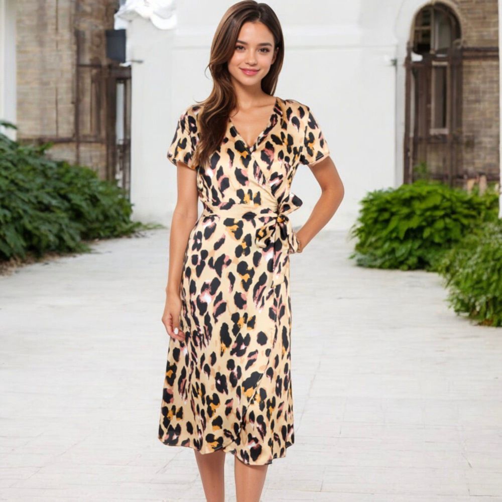 V-Neck Short Sleeve Wrap Dress with Leopard Print and Waist Tie