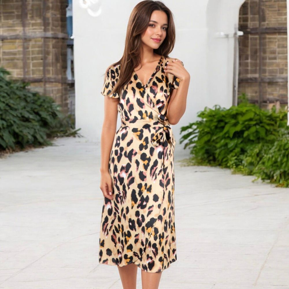 V-Neck Short Sleeve Wrap Dress with Leopard Print and Waist Tie