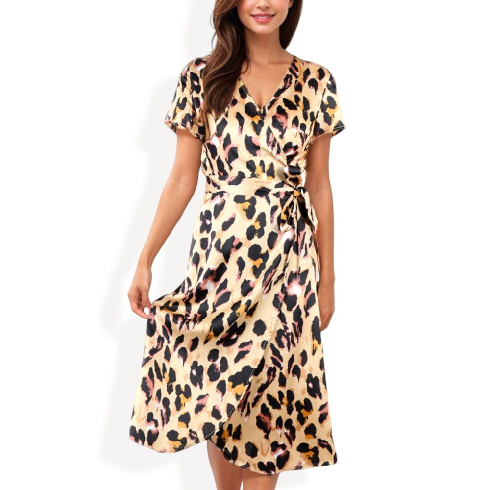 V-Neck Short Sleeve Wrap Dress with Leopard Print and Waist Tie