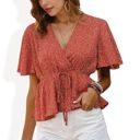 Red Large Flutter Sleeve Polka Dot Peplum Top with Wrap Design