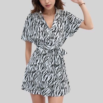 Women's Zebra Print Romper with Collared V-Neck and Waist Tie
