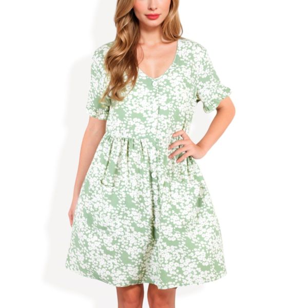 V-Neck Short Sleeve Floral Print Babydoll Dress with Button-Front