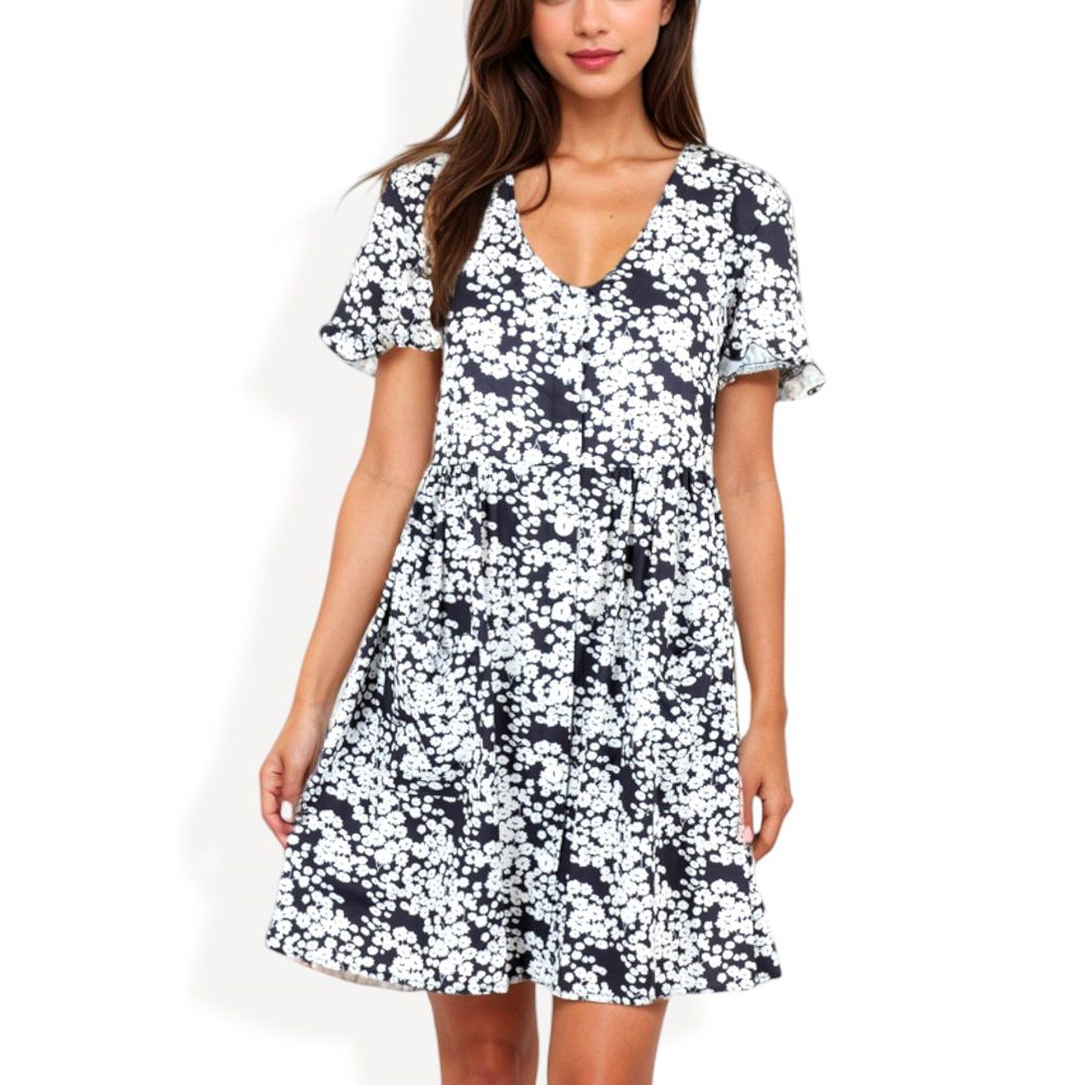 V-Neck Short Sleeve Floral Print Babydoll Dress with Button-Front